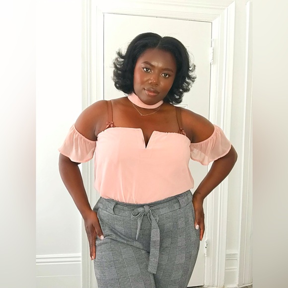 Powder Pink Off The Shoulder Top With Slit Front Lightweight Top With NeckTie - Picture 6 of 7